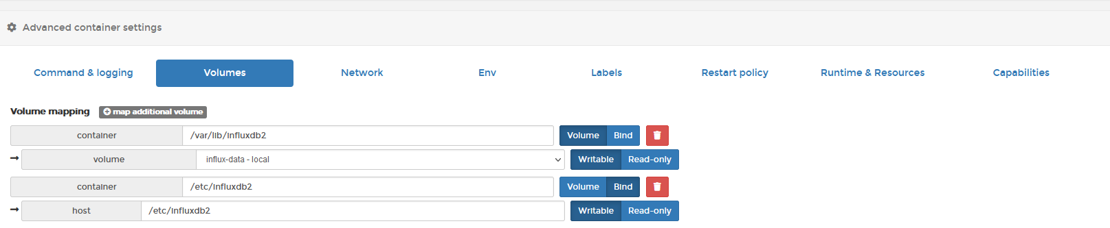 Container volume settings